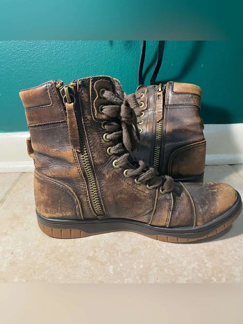 Diesel distressed genuine leather lace up ankle boots